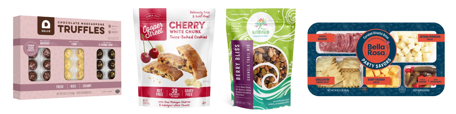 A lineup of food packaging design chocolates, cookies, nuts, cheese tray charcuterie