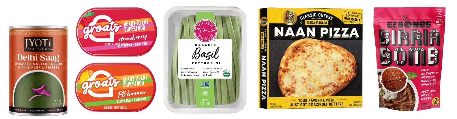 A lineup of food packaging design canned indian food, groats, fresh pasta, frozen pizza, birria bomb pouch