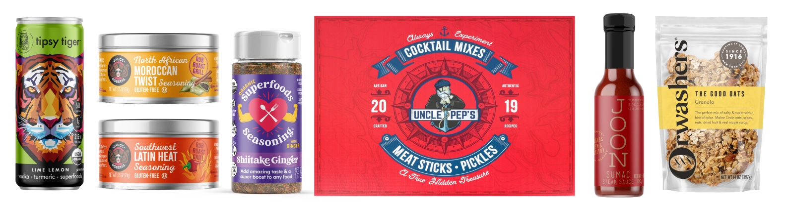 A lineup of food packaging design drink, spices, gift box, sauce bottle, granola pouch